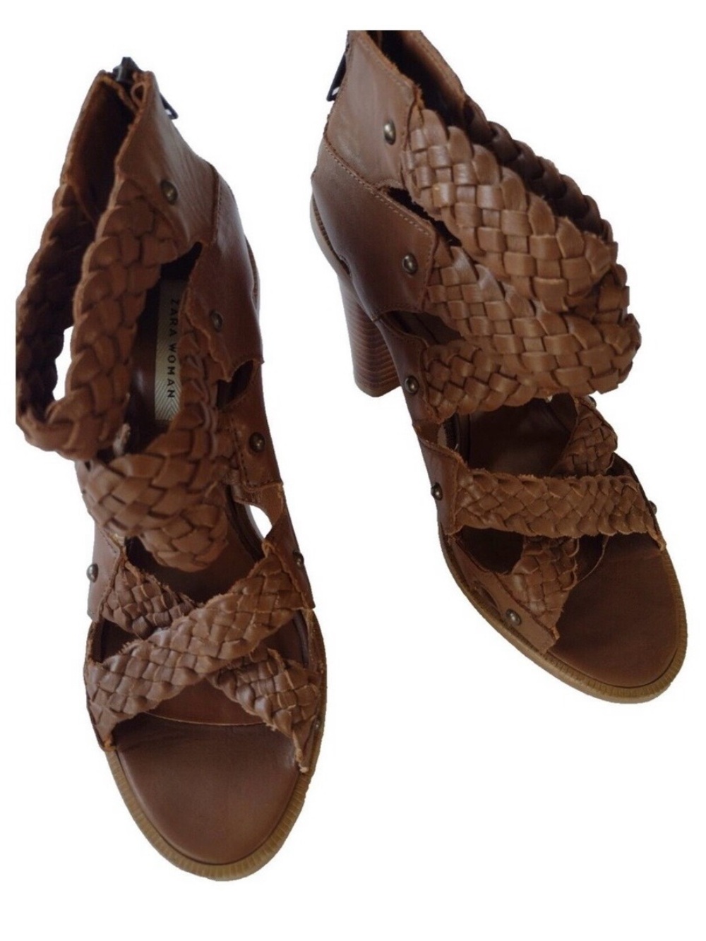 ZARA Brown Braided Leather Sandals Block Heel Back Zip Ankle Bootie Size 9 EU 39